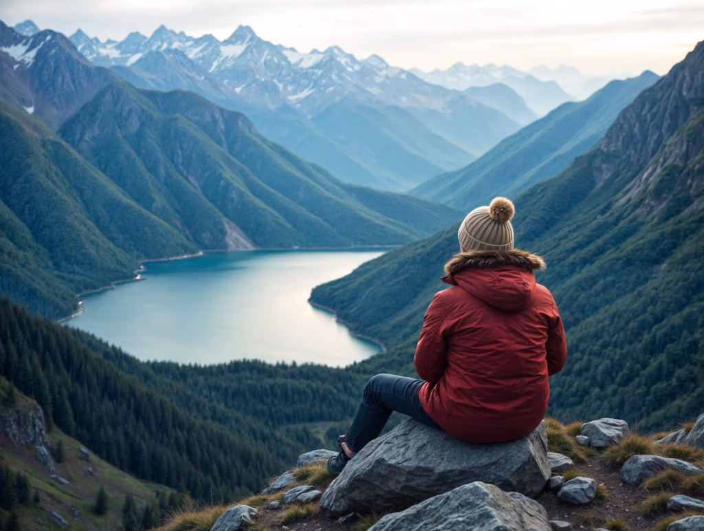 A traveler overlooking a mountain lake
